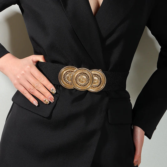Luxury Wide Elastic Waist Belt for Women – Gold Statement Buckle Stretch Fashion Belt
