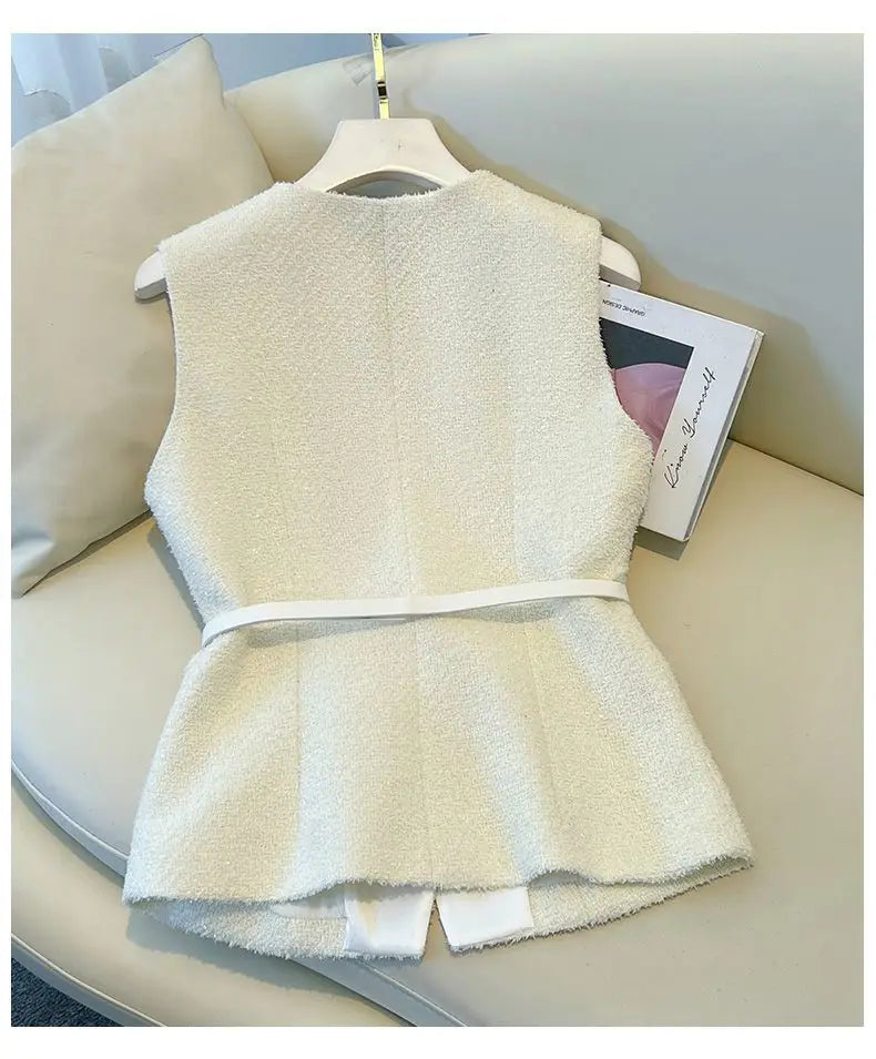 Luxury Cream Bouclé Vest & Tulle Maxi Skirt Set – Elegant Two-Piece Women’s Boutique Outfit