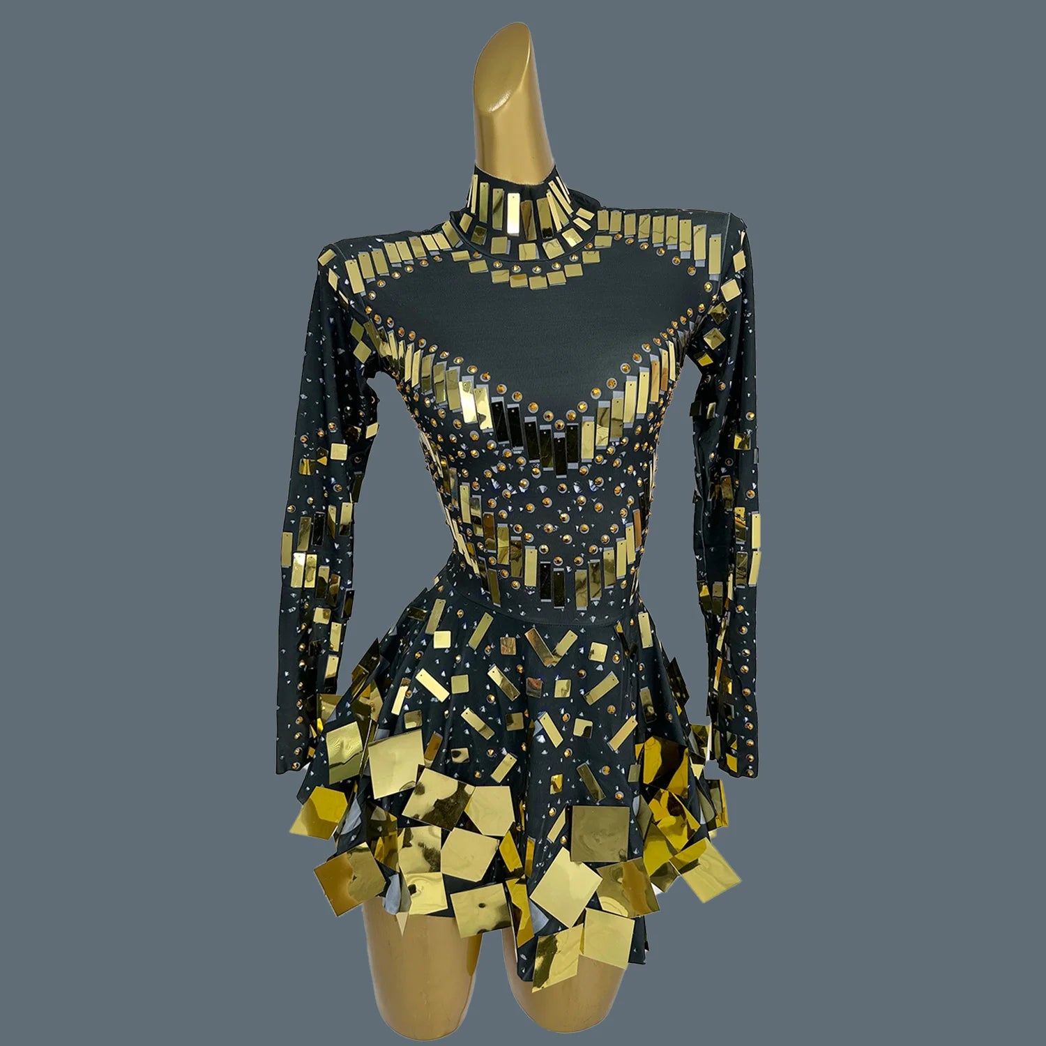 Dazzling Golden Rhinestone Mini Dress/Stage Sequined Maxi Dress/Concert Event Day/Crystal Mirror Silhouette A-LINE Dress.