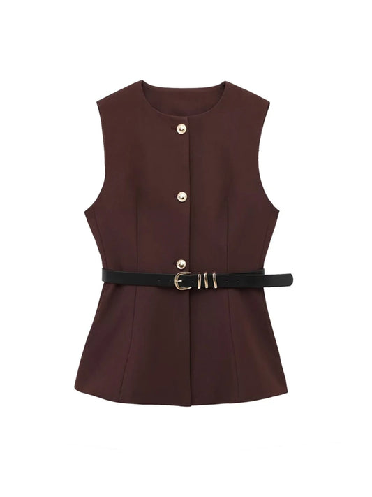 Commense Button Detail/TRZA-Women's Long Waistcoat with Belt, Front Gold Button/Fashion. Women Fashion Vintage Vest/Sleeveless Front Button Female Vest Tops With Belt