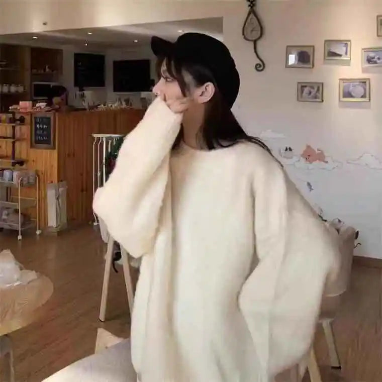 Solid Loose Sweater Fashion Elegant/O-neck Long Sleeve Knitted Pullover/Autumn Female Warm Thick Tops/Comfy Jumpers/