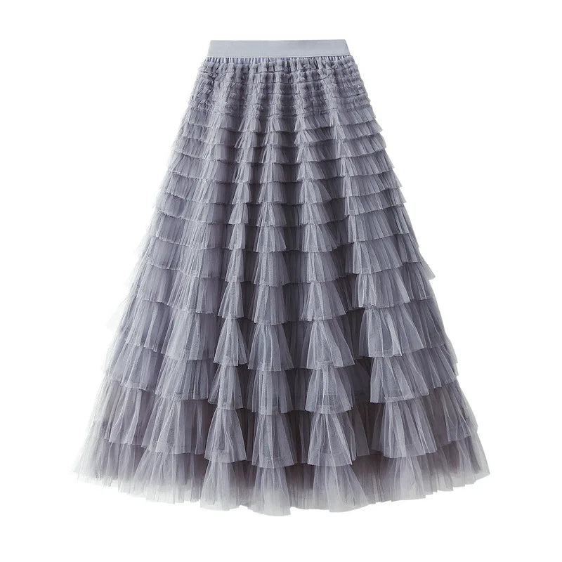 Elegant Layered Mesh Skirt For Women/High-Waisted Puff Skirt/Dropped A~Line/Appliqués Decorative Loose Fitted Skirt.