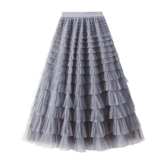 Elegant Layered Mesh Skirt For Women/High-Waisted Puff Skirt/Dropped A~Line/Appliqués Decorative Loose Fitted Skirt.