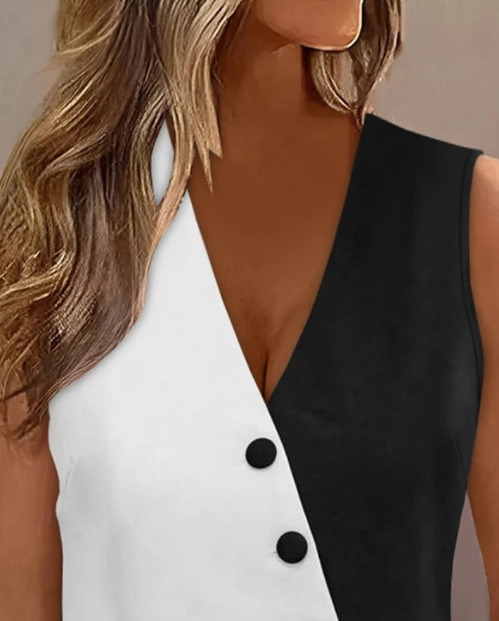 Button Block Diagonal Commuter Vest/Latest Casual Style Colorblock Button V-Neck Sleeveless Daily Versatile Vest Top.