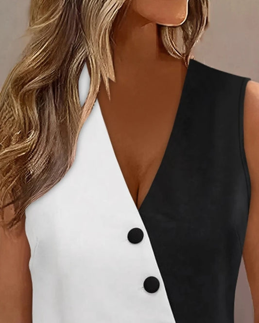 Button Block Diagonal Commuter Vest/Latest Casual Style Colorblock Button V-Neck Sleeveless Daily Versatile Vest Top.