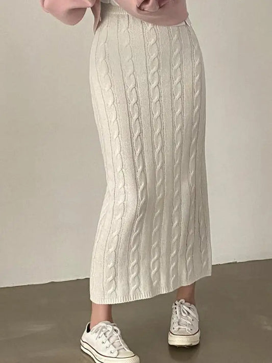 Solid Cotton Cable Crochet Skirts/Slim Fitted Fashion/Long Skirt Vintage/Elastic High Waisted Straight Skirt.