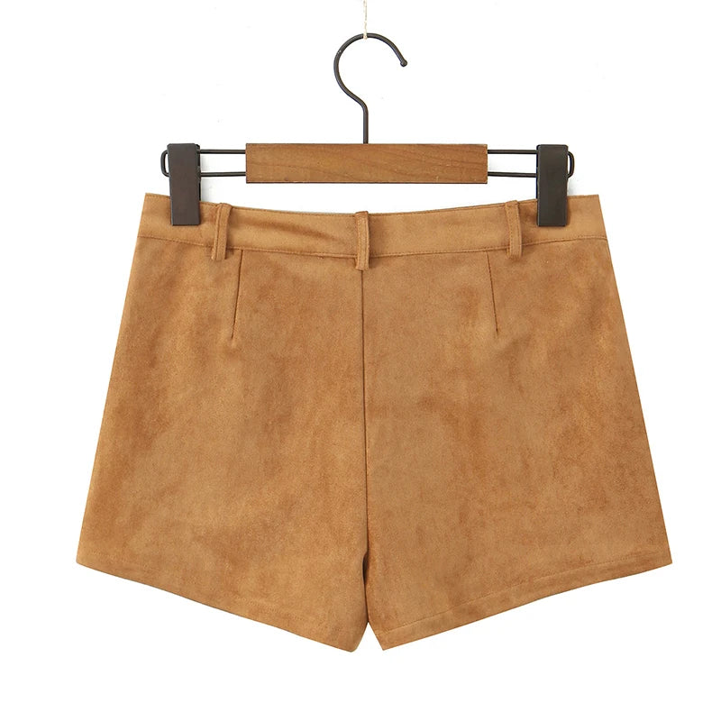 YENKYE Retro Brown Faux Suede Shorts for Women – High-Waist Casual Vintage Short Pants