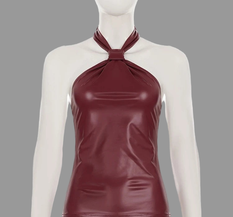 Neck-mounted Halter Top/Backless Sexy Tops Edge PU Crop Tops Corset Streetwear.