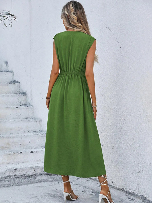 Elegant Sleeveless Waist Tie Midi Dress for Women – Romantic Vacation A-Line Summer Dress | Casual Chic Date Night Outfit | Modern Blend Boutique