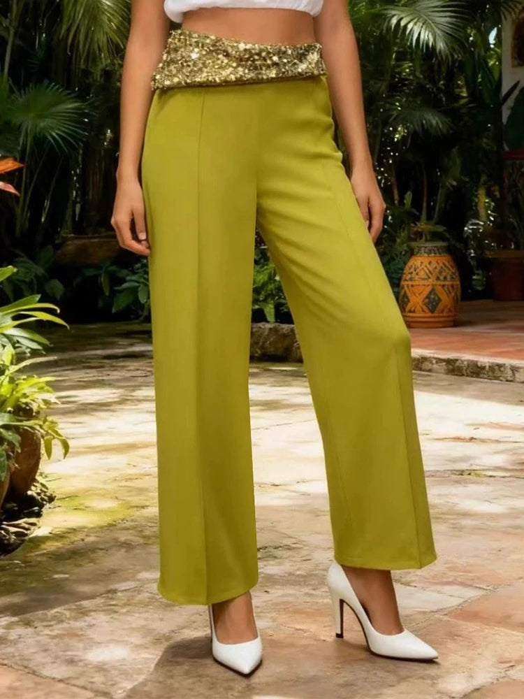 Burgundy High Waist Wide Leg Pants with Sequin Waistband | Elegant Dressy Women’s Trousers