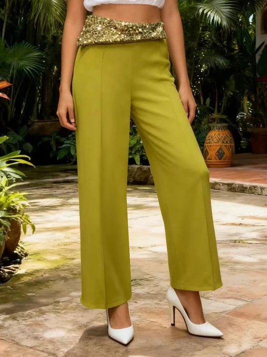 Burgundy High Waist Wide Leg Pants with Sequin Waistband | Elegant Dressy Women’s Trousers