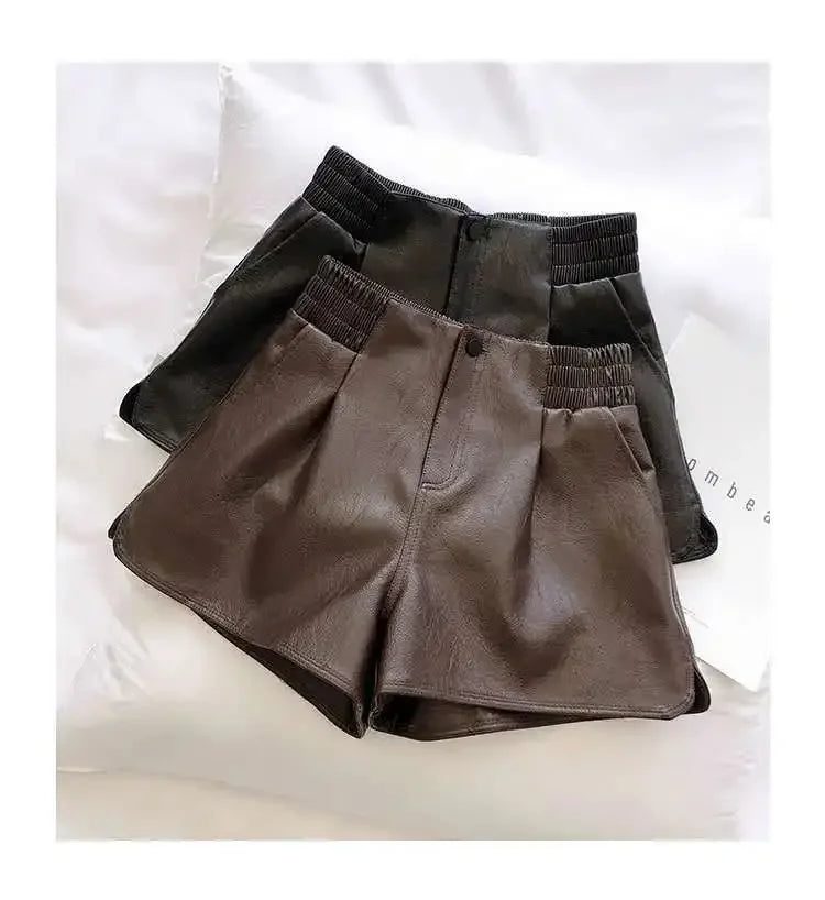 Women’s Boutique Style High-Waist Leather Shorts – Loose Fit Wide-Leg Faux Leather Pants/Versatile Fall Fashion