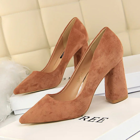 Women’s Suede-Look Pointed Toe Pumps | 8.5cm Block Heel Dress Shoes | Elegant Cognac Brown Heels
