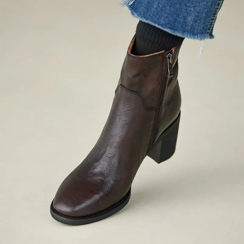 Women’s Genuine Leather Ankle Boots | Vintage European-Inspired Round Toe Booties, Side Zipper, Block Heel, Classic British Style