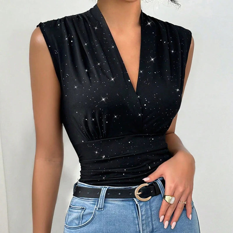 Fashioned Sequined Decor Blouse/New Mesh V~Neck/Folds Sleeveless Tank Top/Streetwear Tight Waist Slim Black Cropped Blouse.