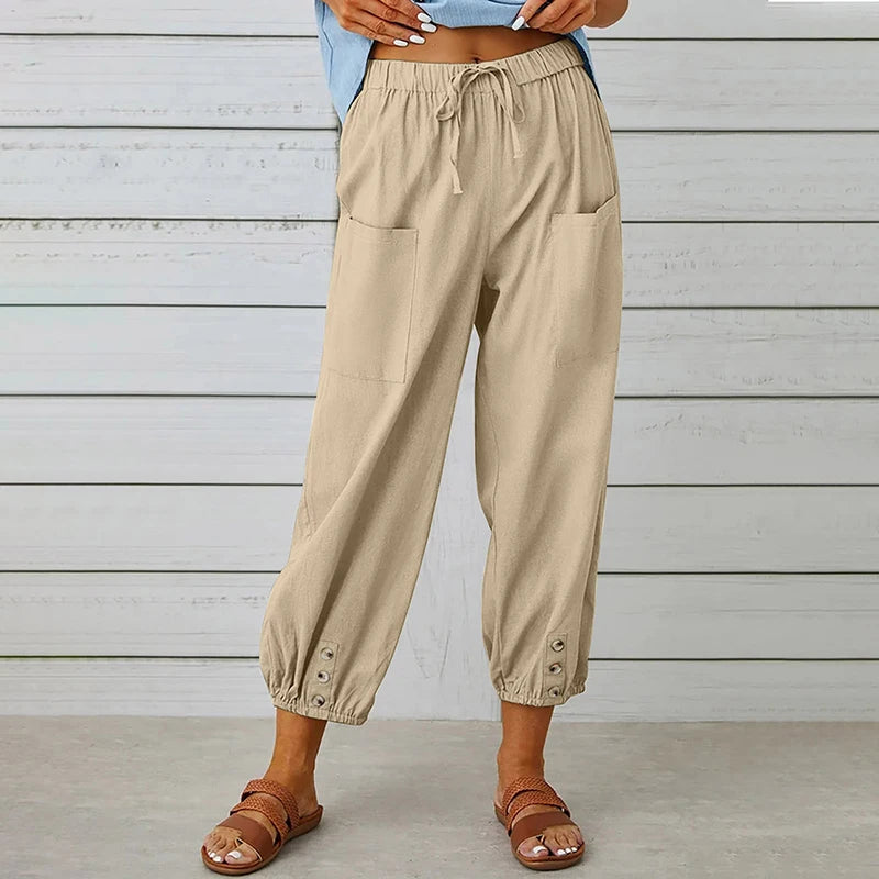 Comfy Carpi Harajuku Pants/Loose Cotton Linen/Solid Color Elastic Waist Loose Straight Trousers/Waist Wide Leg Pants.