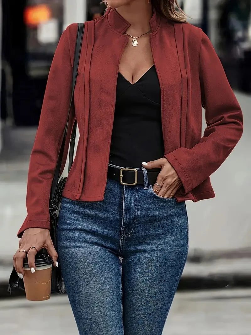 Faux Suede Leather Jacket/Winter Solid Color Long Sleeved Versatile Cardigan Short Jacket.