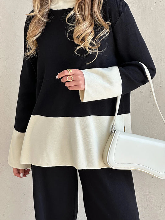 Elegant Two Piece Set/Loungewear Slit Sweater/Matching Sets Women Casual Knitted Wear/Mock Neck Design/Elastic Waist Band.