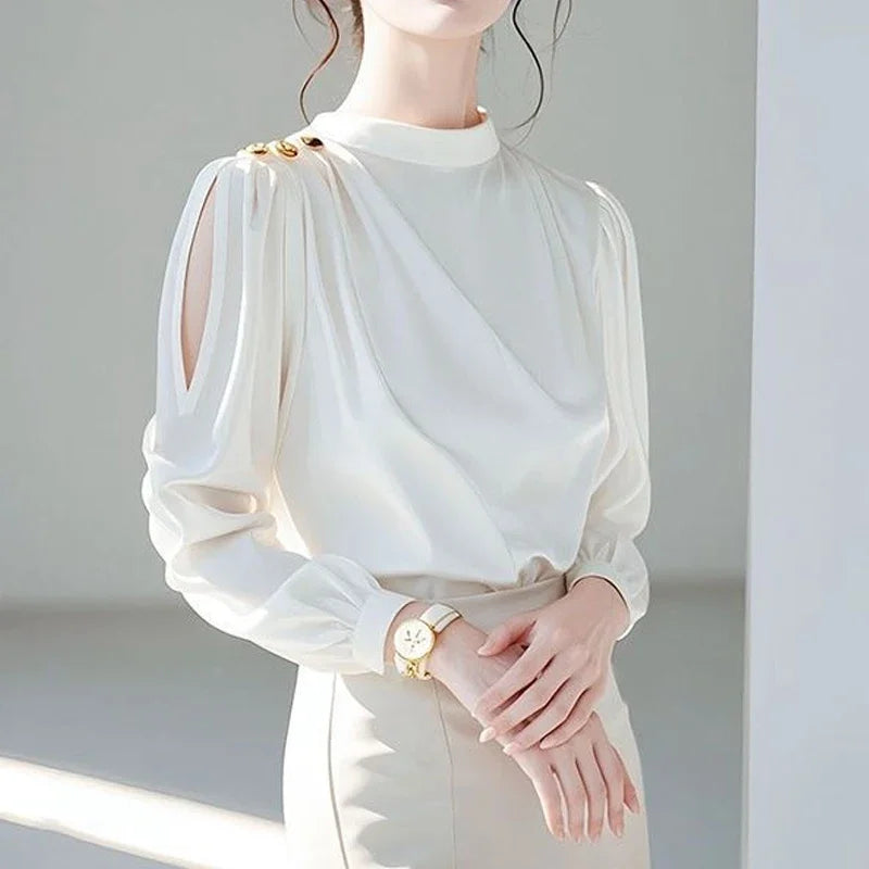 Luxury Ivory Chiffon Blouse with Gold Button Shoulder & Sheer Sleeves