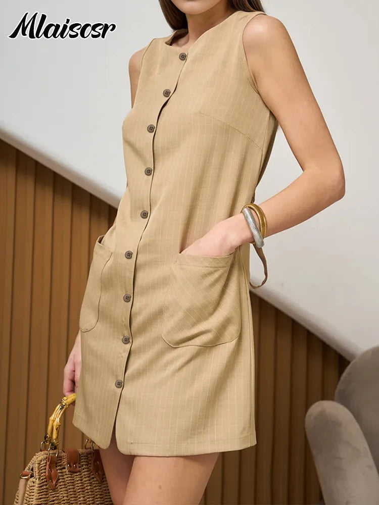 Modern Blend Boutique™ Elegant Button-Front Mini Dress – Sleeveless Office Chic Pocket Dress for Women