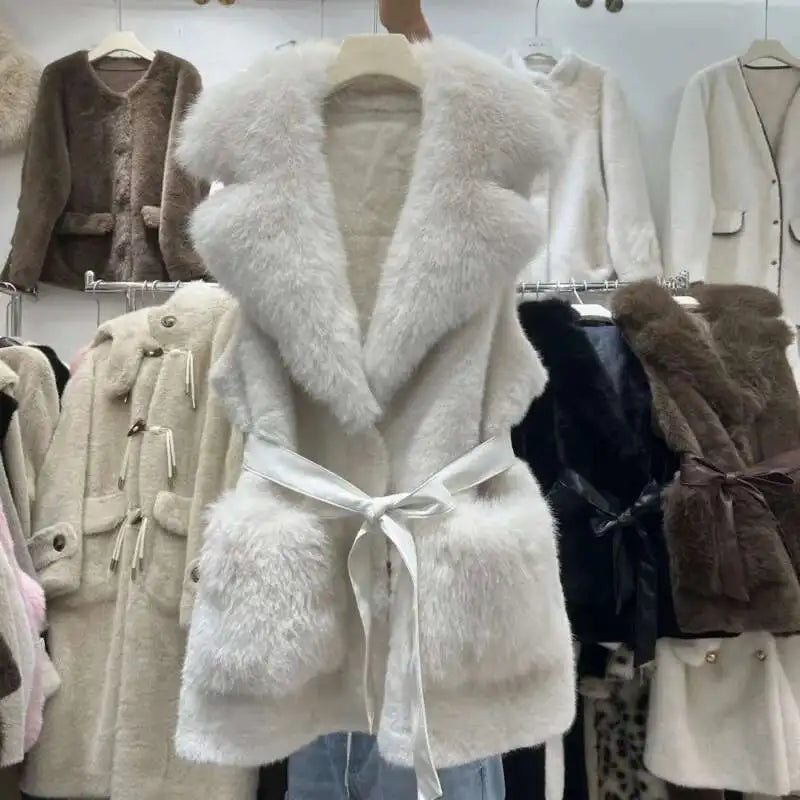 Puffy European Sleeveless Waist Cost Lace-up Design Long Fur Waistcoats/Thick And Warm Women Winter V~Neck Vest.