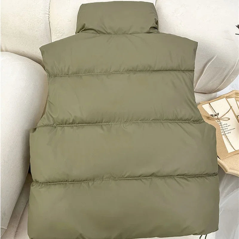 New Autumn Casual Loose Down Cotton Vests Women Stand Collar Short Sleeveless Coats Solid Zipper Waistcoat Winter Warm Vest