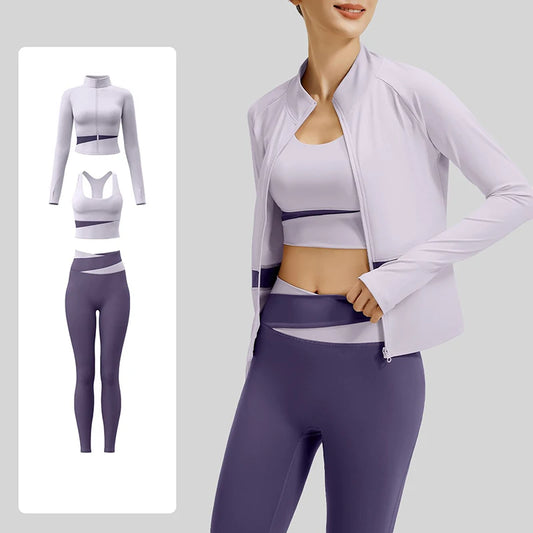 Women’s 3-Piece Colorblock Activewear Set – High-Waist Leggings, Sports Bra & Zip-Up Yoga Jacket | Breathable Quick-Dry Workout Set