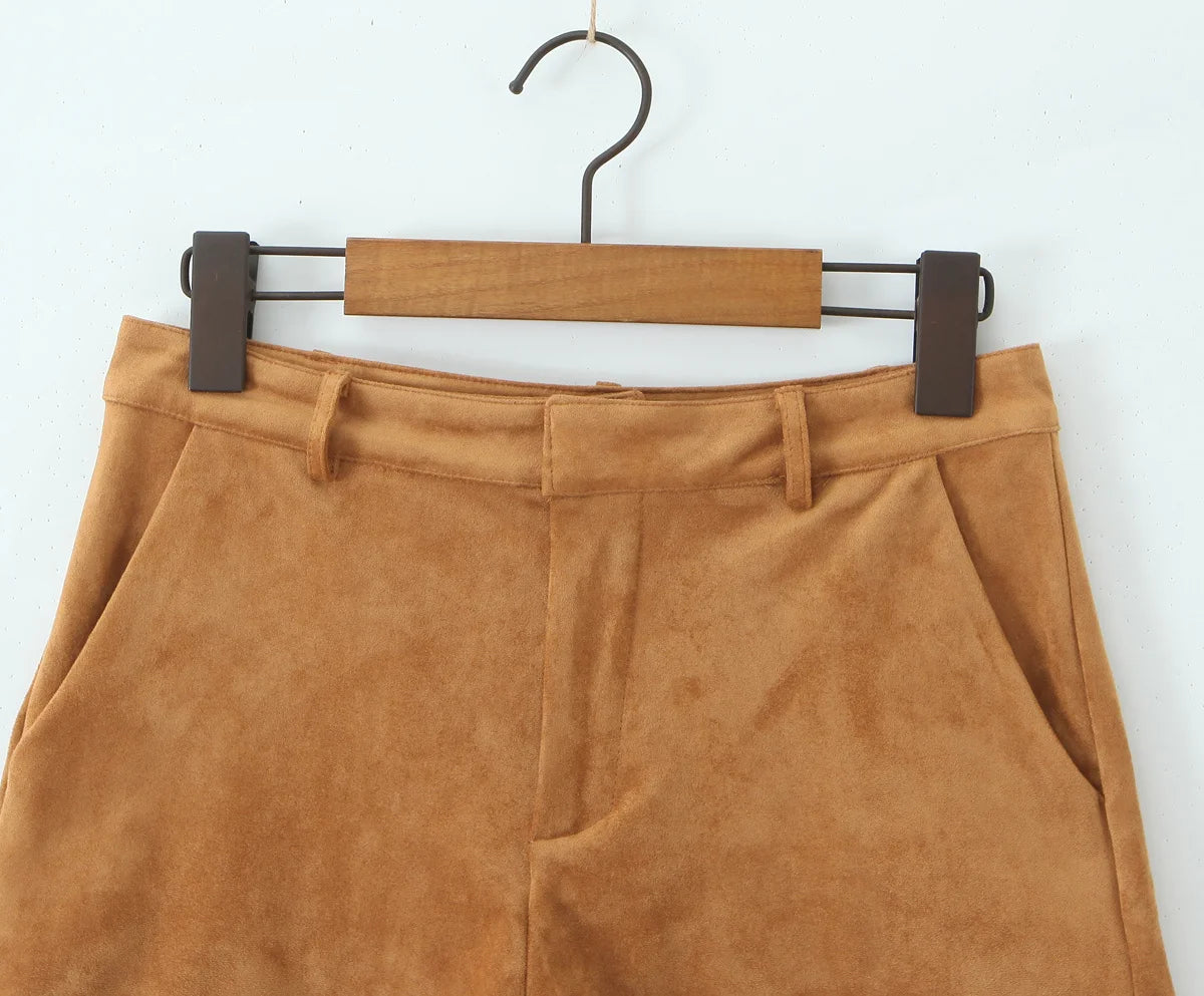 YENKYE Retro Brown Faux Suede Shorts for Women – High-Waist Casual Vintage Short Pants