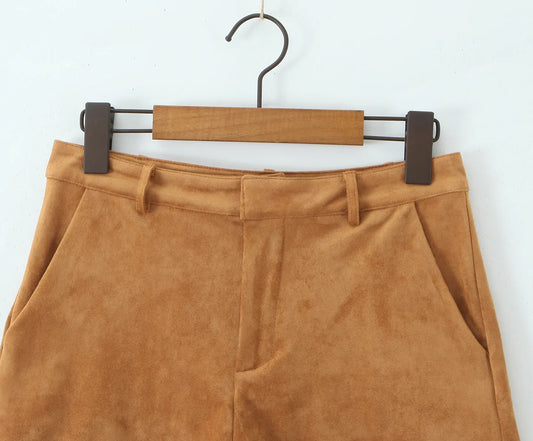 YENKYE Retro Brown Faux Suede Shorts for Women – High-Waist Casual Vintage Short Pants