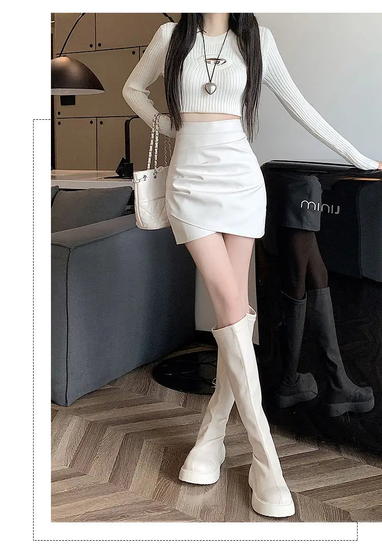 High-Waist Faux Leather Bodycon Mini Skirt – Ruched Slim Fit PU Leather Wrap Skirt for Women