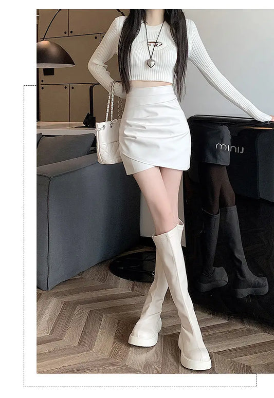 High-Waist Faux Leather Bodycon Mini Skirt – Ruched Slim Fit PU Leather Wrap Skirt for Women