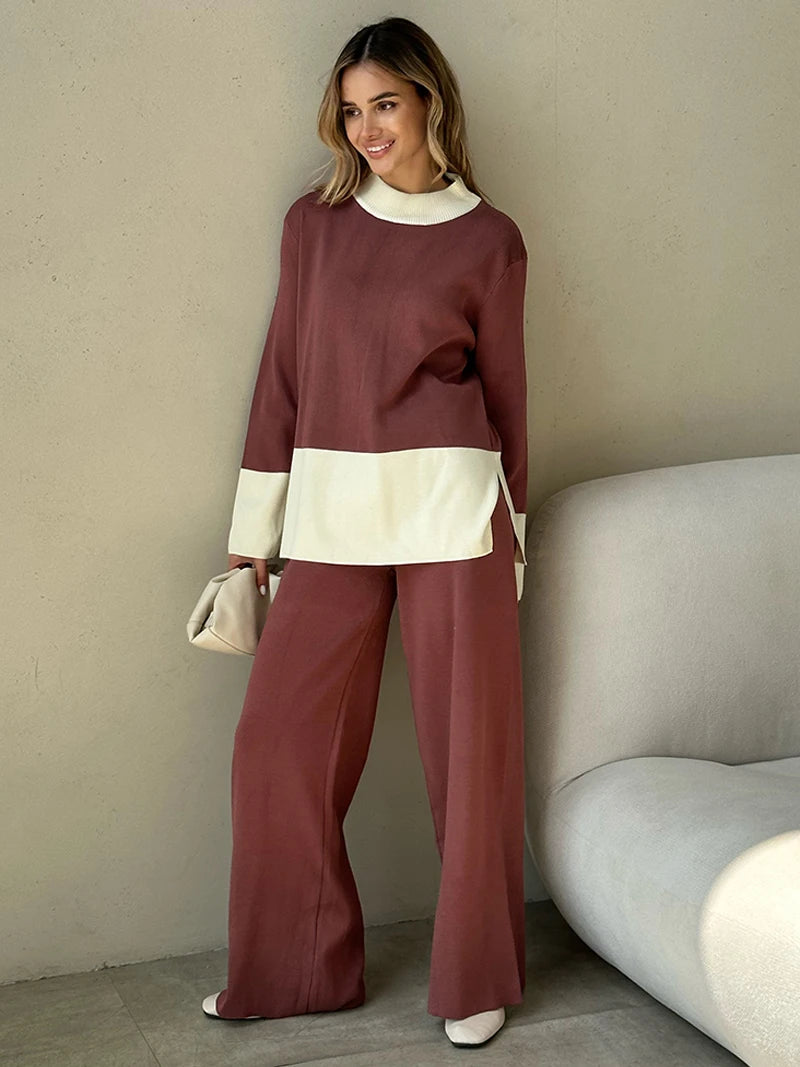 Elegant Two Piece Set/Loungewear Slit Sweater/Matching Sets Women Casual Knitted Wear/Mock Neck Design/Elastic Waist Band.