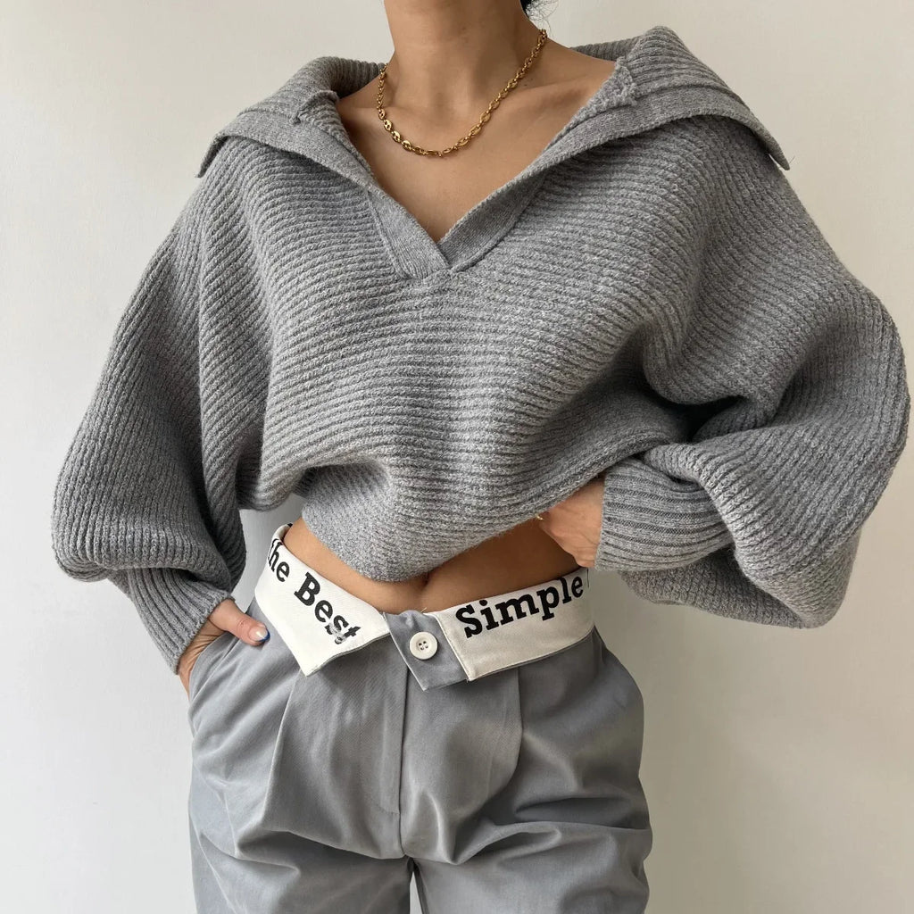 Stylish Cropped V~Neck Sweater/Turn Down Collar Loose Fitted Sweater/Full Sleeve Splice Pullovers Straight Thick Sweater.