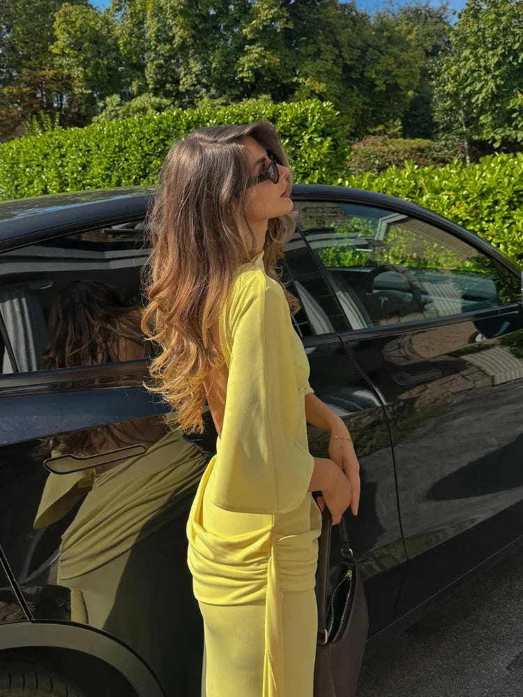 Hollow Out Solid Split Hem Maxi Dress/Fashion Long Sleeve Backless Dress/New Lady Daily High Street Robes.