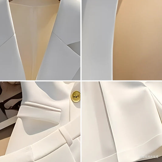 Exquisite White Sleeveless Blazer & Shorts Set with Gold Button’s/Admirable Women's Business Casual Suit.