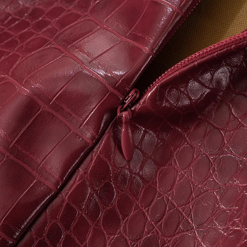 Luxury Strapless Crocodile-Embossed Faux Leather Mini Dress in Bronze & Burgundy