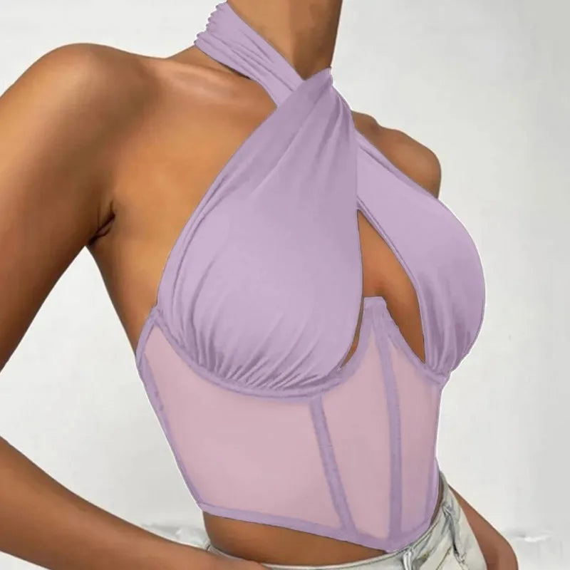 Elegant Halter Neck Mesh Corset Top for Women | Sheer Panel Wrap Neck Crop Top | Clubwear & Night Out Fashion