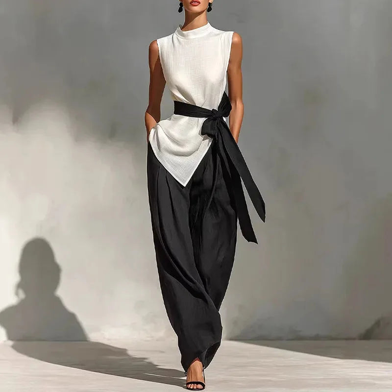Elegant Sleeveless Tie Top & Wide-Leg Pants Two-Piece Set – Slim Fit Luxury Lounge Ensemble