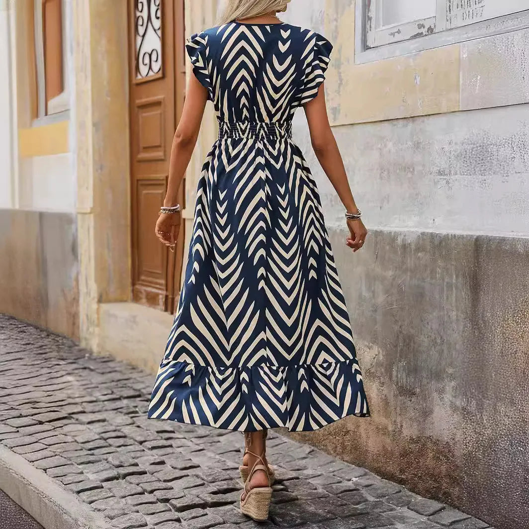 2026 New Summer Women Elegant Printed Short Sleeve Dress Tie Waist Long Hem Casual Fashion Midi Dress