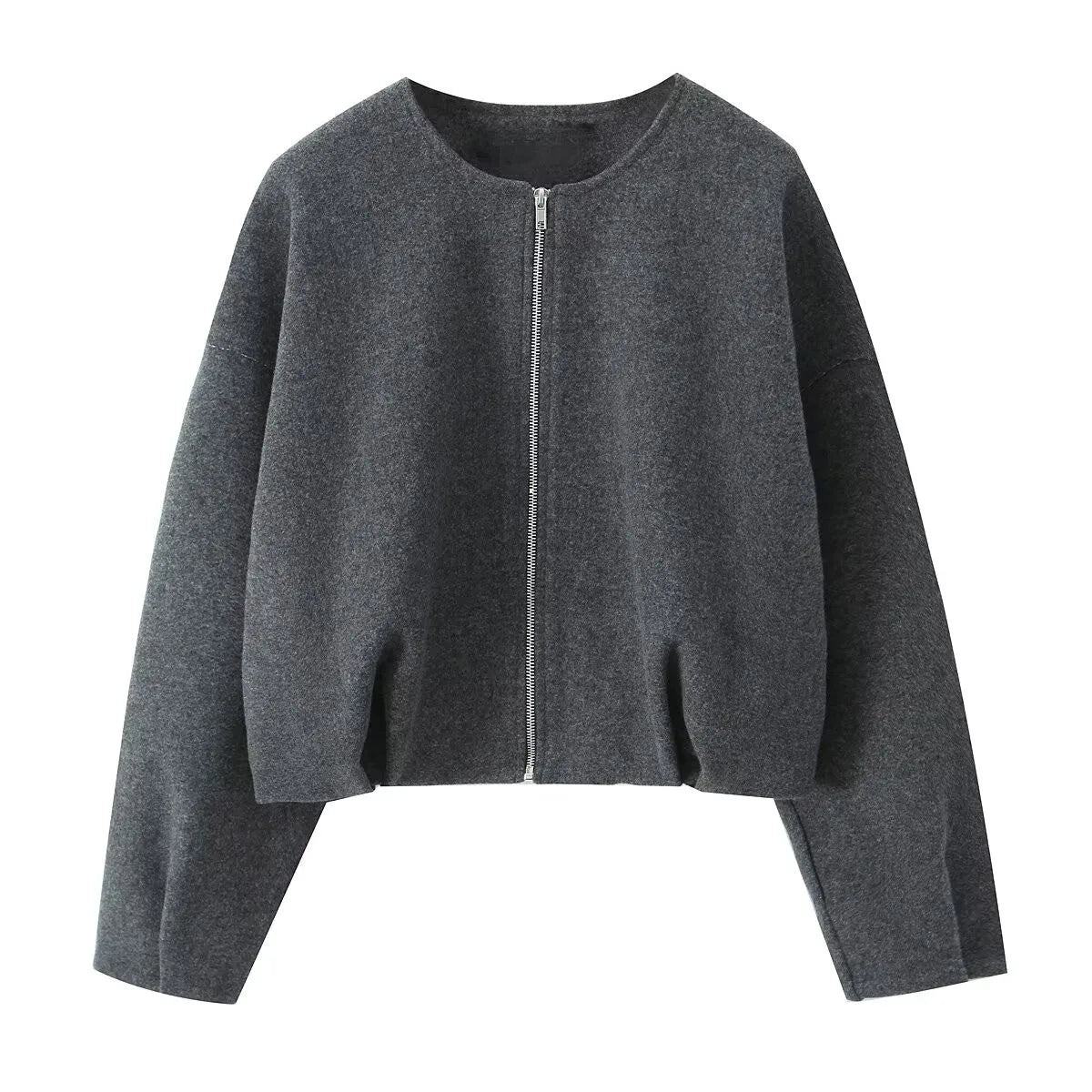 Zip up made Cardigan/ZBZA Blended Bomber Jacket/Round Neck Long Sleeve/Front Zipper Loose Hem Top New Casual Chic Outerwear.