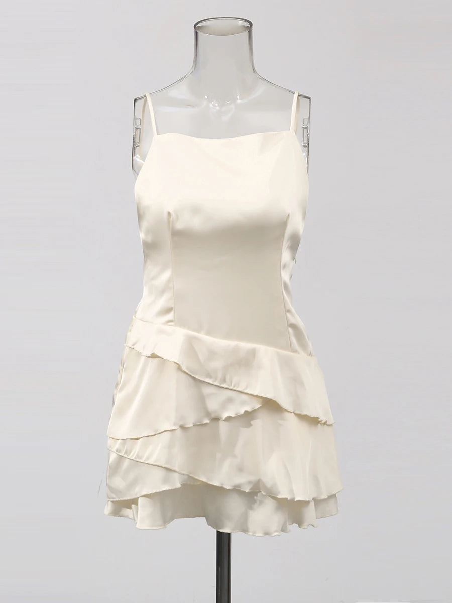 Solid Pullover Laced Dress/Spliced Ruffles Slimming Fitted/O~Neck Sleeveless/High Waist Temperament Mini Dress Female Fashion.