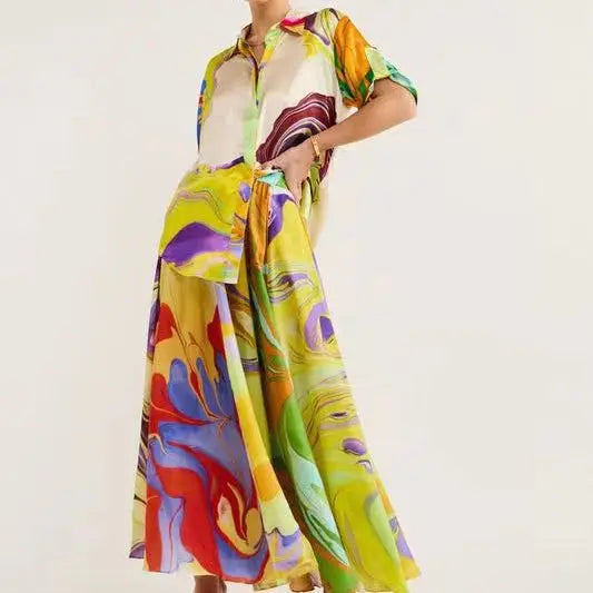 Effortlessly Silk Made Printed Dress/Colored Women Dress/Loose Fit Short Sleeves Shirt Top/Turn Down Collar skirt/2 Piece Sets Set/Tatting Craft.