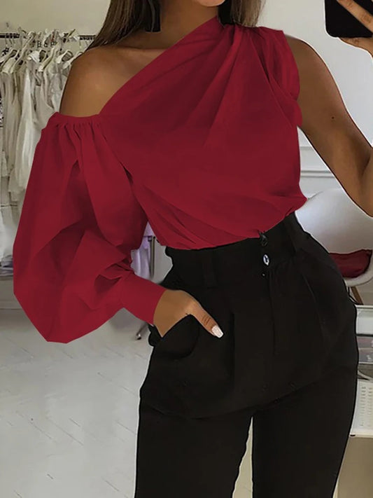 Women's Solid Color Oblique/Shoulder fit long Sleeve. For casual use/Off Shoulder design. Female Fashion Lantern Long Sleeve Shirts.