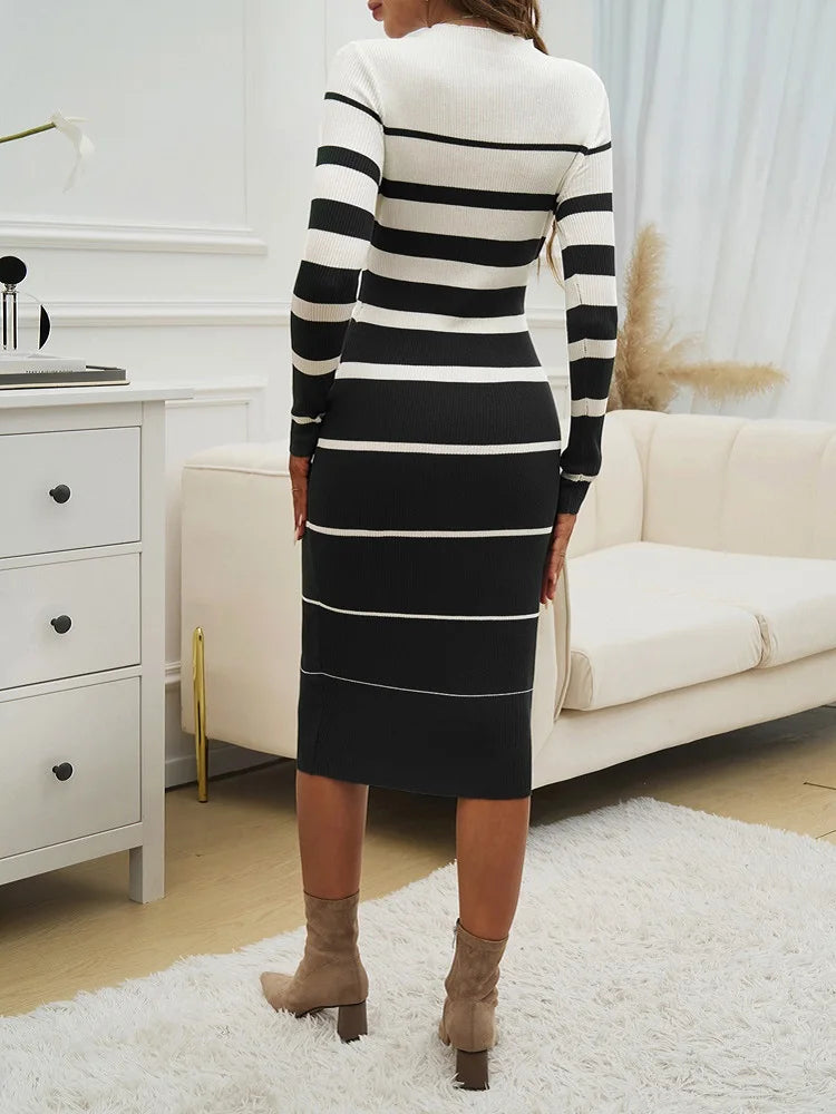 Long Striped  Knitted Casual Dress/Body~Con Crew Neck/Long Sleeve Knitted Pullover.