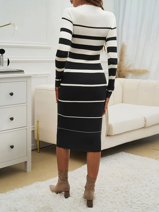 Long Striped  Knitted Casual Dress/Body~Con Crew Neck/Long Sleeve Knitted Pullover.