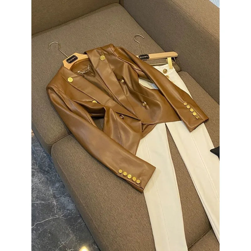 Luxury Faux Leather Tailored Blazer with Gold Buttons | Women’s Structured Vegan Leather Jacket
