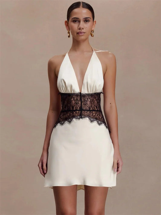 Elegant Lace Patchwork Halter Mini Dress – Luxury Backless Deep V-Neck Sleeveless Party Dress for Women | Timeless Chic Evening Look