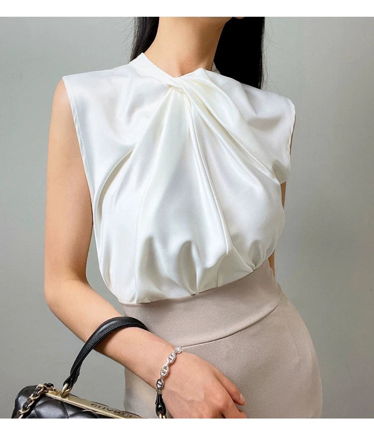 Women’s Satin Twist-Neck Sleeveless Blouse – Elegant Draped Office & Occasion Top