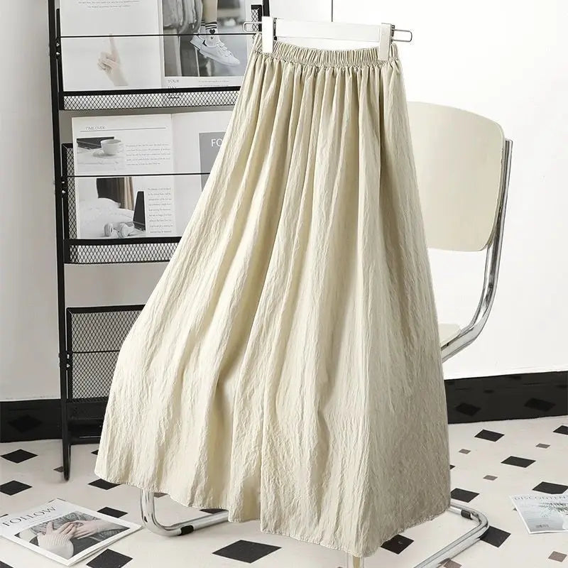 Solid New Trendy Pleated High Waist Solid Color Versatile Casual A-line Skirt/Ankle Length Tatting Craft.
