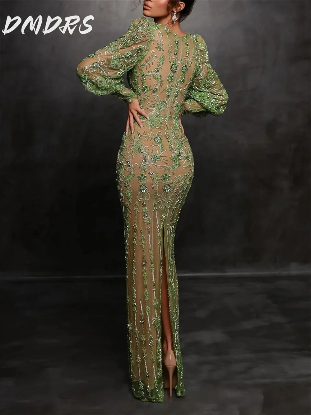Luxury Emerald Green Beaded Evening Gown | Nude Illusion Deep V Neck Mermaid Dress | Long Sleeve Formal Dress for Women